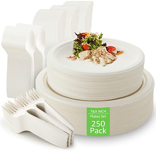 FWEEK 250PCS Disposable Tableware Set, Compostable Biodegradable Plates, Eco-Friendly Dinnerware Kits Includes 7&9inch Paper Plates, Forks, Spoons for Party, Picnic, BBQ