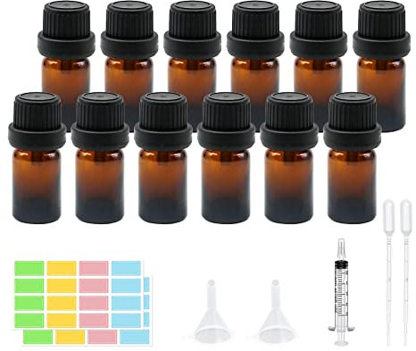Reyshin 12Pcs 5ml Essential Oils Glass Bottles,Amber Refillable Empty Essential Oil Bottle with Black Cap Sample Glass Bottle for Diffuser Massage Oils Beauty Oil Mix (Amber 5ml)