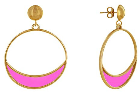LES POULETTES BIJOUX - Pendientes Clavos de Metal Dorado Círculo y Luna Creciente Color Translúcido - Fucsia