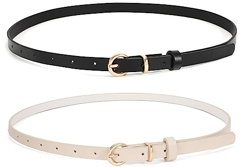 WHIPPY 2er-Pack dünner Damen Ledergürtel schmaler Taillengürtel schmal Gürtel mit goldener Kreisschnalle für Kleid Hose Jeans