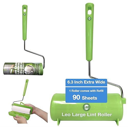 Leo Large Lint Roller Extreme Sticky Large Surface Lint Roller, Ergo Handle Pet Hair Remover Designed for Removing Pet Dog Cat Hair 90 Sheets 6.5inch Width (1 Roller)