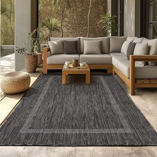 SIMPEX Outdoor Teppich Wetterfest 120x170 cm Schwarz Bordüre Design Flachgewebe Waschbar für Balkon Terrasse Garten Wohnzimmer Küche