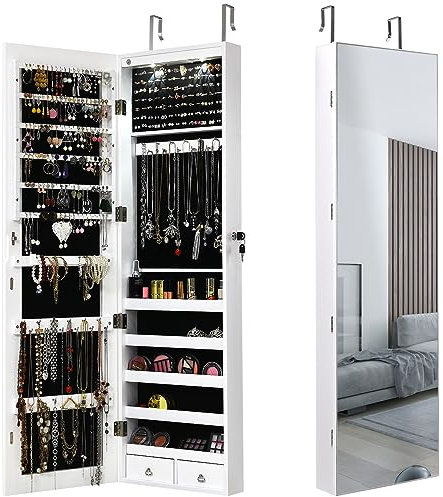 HOMASIS Specchio Portagioie da Parete e Porta, Armadietto Portagioie con Chiusura e Luci a LED, Specchio Contenitore Gioielli con 2 Cassetti per Anelli, Orecchini, 35,5 x 10 x 120 cm (Bianco)