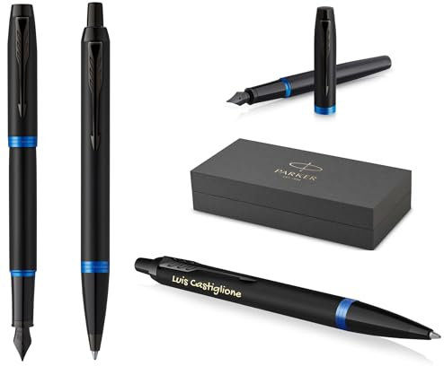 PARKER IM Professionals Vibrant Rings Set Füllfederhalter und Kugelschreiber mit Gravur | Premium Stift | Geschenkbox | personalisiertes Geschenk | Namen | graviert | Geburtstag (Blue PVD)