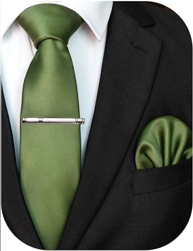 JEMYGINS Corbata para hombre con superficie mate, incluye pañuelo de bolsillo y juego de alfiler de corbata, verde oliva, M