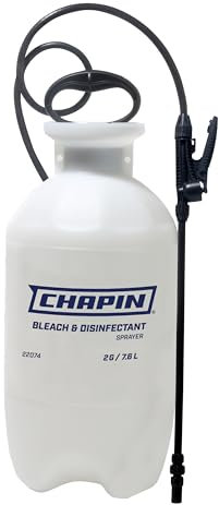 Chapin 22074: Made in The USA Disinfectant Bleach Pressure Pump Tank Sprayer, 2-Gallon, Adjustable Cone Nozzle, Compatible with Bleach Solutions and Fungicides, Translucent White