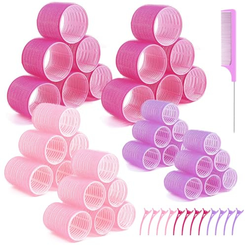 Gemtte Set di 49 bigodini, grandi bigodini autoadesivi per capelli con 12 mollette fai da te, senza calore, bigodini adesivi per capelli lunghi e corti, 48/36/25 mm (3 colori)