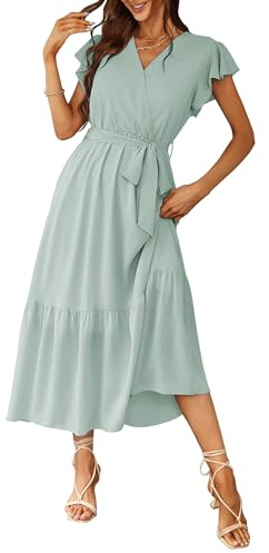 Awemeal Damklänning, elegant, v-ringad, kortärmad, lång sommarklänning, blommig boho-klänning med bälte och volangfåll, omlottklänning, strandklänning, böljande a-linjeformad maxiklänning, Grön, S