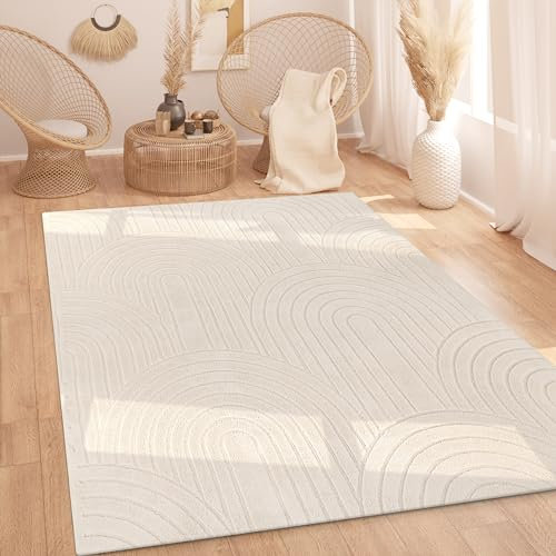 Paco Home Teppich Wohnzimmer Schlafzimmer Hochflor Weich Uni Skandinavisch Boho Motiv 3D Optik Regenbogen Waschbar Creme, Grösse:240x340 cm