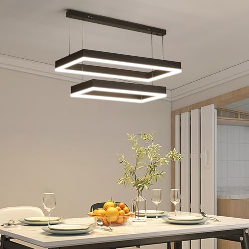 Modern Pendant Light Fixture, LED Black Chandelier for Kitchen Island, 2 Layer Rectangle Adjustable Height, Dimmable 3000K-6500K Ceiling Hanging Light for Dining Room Table, Bedroom, Living Room