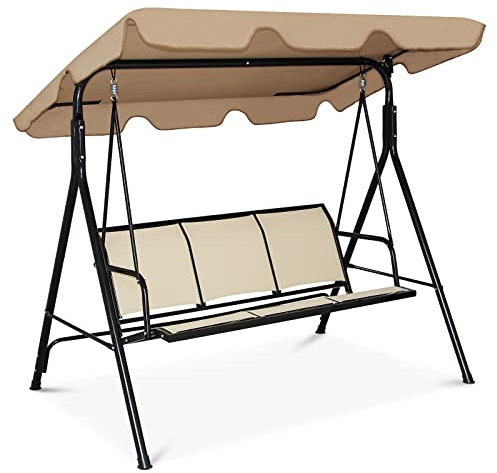 GYMAX Hollywoodschaukel 3-Sitzer, Gartenschaukel Gartenbank mit verstellbarem Sonnendach, Schaukelbank mit Metallrahmen, bis 210 kg belastbar, für Balkon, Terrasse, Garten