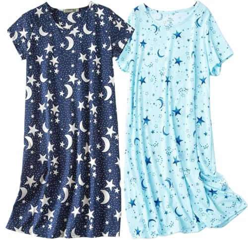 BERDITH 2 Pack Nighties for Women Nightdress Ladies Cotton Blend Womens Nightwear Nightshirt Nightdresses Plus Size Sleep & Lounge Night Dress Gift Mum Mummy Mothers Day