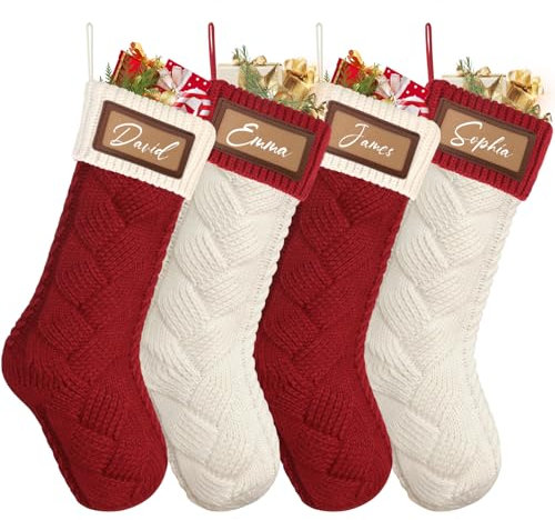 Dremisland 4 Stück Große Weihnachtsstrumpfe Personalisiert 46cm Rot Weiß Nikolausstrumpf mit Namensschilder Gestrickt Weihnachtssocken Kamin Christmas Stockings für Feiertags Familien Party Dekor