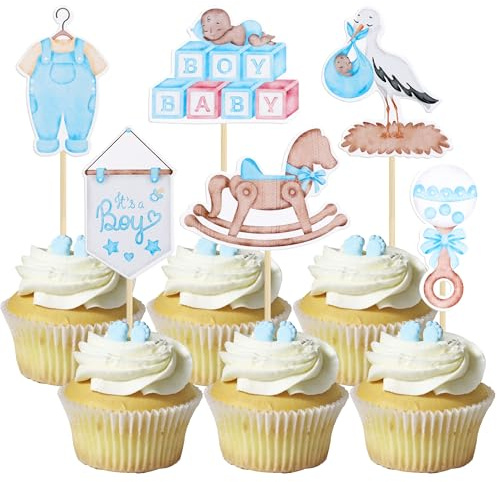 Gyufise 36Pcs Oh Baby Cupcake Toppers Schnuller Wolke Mond Stern Baby Junge Cupcake Picks Schwan Baby Shower It's a Boy Tortendekorationen für Baby Shower Kids Boys Birthday Party Supplies Blau
