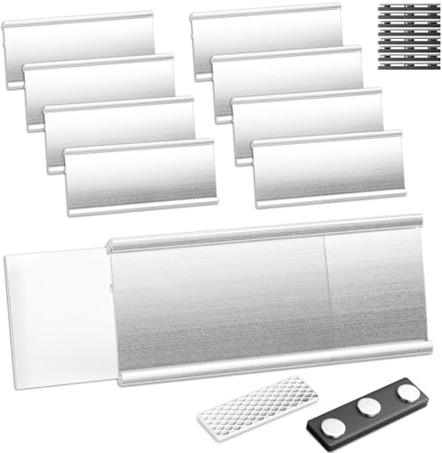 Lot de 8 plaques nominatives magnétiques avec fente en papier anodisé transparent - Plaque nominative professionnelle - Aimant avec aimant puissant (argent)