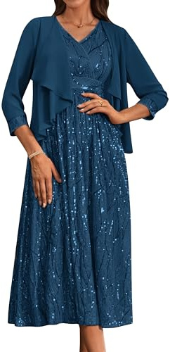 GRACE KARIN Damen Festliche Glänzendes Pailletten Partykleid Zweiteiliger Kleider mit Chiffon Jacke V-Ausschnitt Ballkleider Hohe Taille Maxikleid Abendmode Grün Blau 38