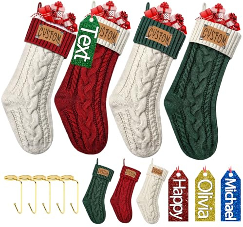 Morlavid 1 Packung Gestrickte Weihnachtsstrümpfe Personalisiert mit Namen 46cm, Personalisierte Weihnachtsmannstrümpfe für die Familie mit Etiketten, Anpassbare, Kamindekoration