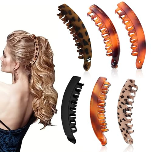 YFaith 6 Stück Bananenspange Haare, 13 cm Kunststoff-Bananen Haarspange, Bananenförmige Haarspangen Set, Vertikale Pferdeschwanz-Haarspangen, 6 Stile, für Fixieren Haare