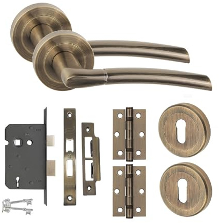Golden Grace Indiana Door Handle Key Lock Set with Mortise Lock | Includes 3-inch ball bearing hinges and keyhole escutcheon to update interior doors with a smooth, reliable grip.