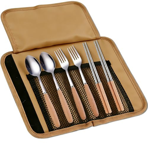 Sadodo 2-Person 6-Piece Portable Cutlery Set - Wood Handle Stainless Steel Utensils with Canvas Roll-up Case - Reusable Travel Set for Work, School, Camping, Caravan, Hiking & Festivals - Khaki