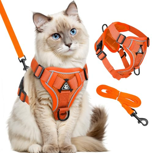 GlasFlength Katzengeschirr mit Leine Ausbruchsicher, Katzenleine mit Geschirr für Katzen Verstellbar Katzen Geschirr Set Cat Harness Softgeschirr für Katze mit Reflektierenden Streifen (Orange-M)