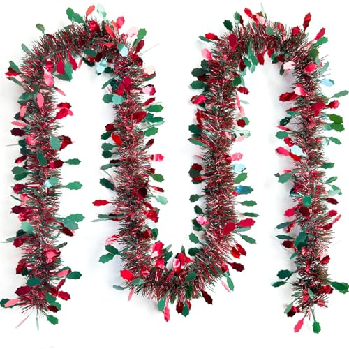 32.8ft Red and Green Christmas Tinsel Garland- Holly Leaves Tinsel for Xmas Tree, Banister, Fireplace, Front Door, Window,Ceiling, Wedding, Party, Home Decorations