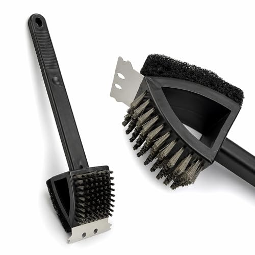 Lizzy 3-in-1 BBQ Cleaning Brush with Scraper – Heavy Duty Grill Brush & Scrubber for Barbecue Grates, Wire Bristle Cleaner with Long Handle for Outdoor Grill, Garden, Camping & Kitchen Use