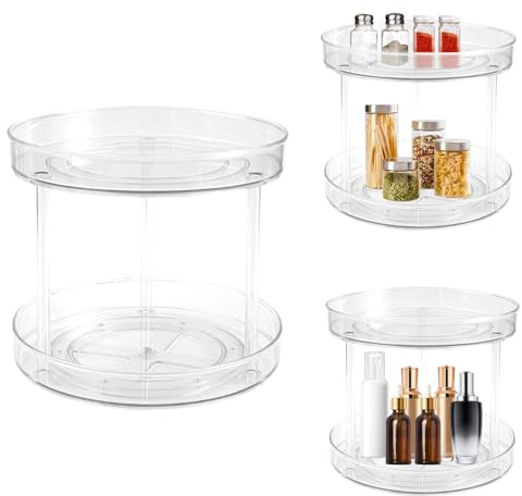 Genomskinlig akryls Lazy Susan-organisatör, plast Lazy Susan-skåporganisatör för skåp, kök, skafferi, bänk, badrum, toalett (2 nivåer, liten)