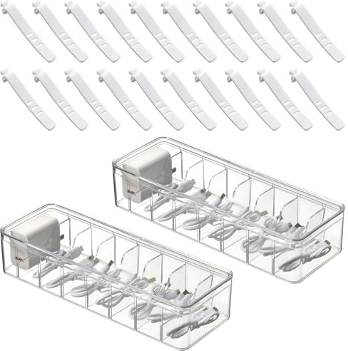 2 Pièces Boite Rangement Cable, avec 8 Compartiments et 20 Serre-Câbles en Plastique Transparent, pour le Rangement sur le Bureau, au Bureau et à la Maison (26 × 10 × 6 cm) (Transparent)