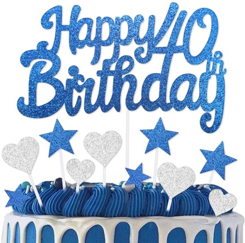 mciskin 40th Birthday Cake Topper,40th Birthday Decorations for Men Women,Royal Blue Cake Decorations,Personalised Cupcake Toppers with Heart Star for Girl Boy Women Men Birthday Party Supplies
