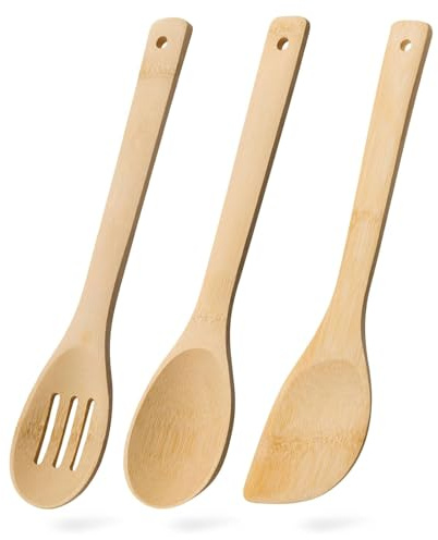 TESGADGETS Cuillères en bois, ensemble de 3 pièces comprenant écumoire, cuillère en bois et spatule en bois, ustensiles de cuisine en bambou pour poêles à revêtement, ustensiles en bambou naturel