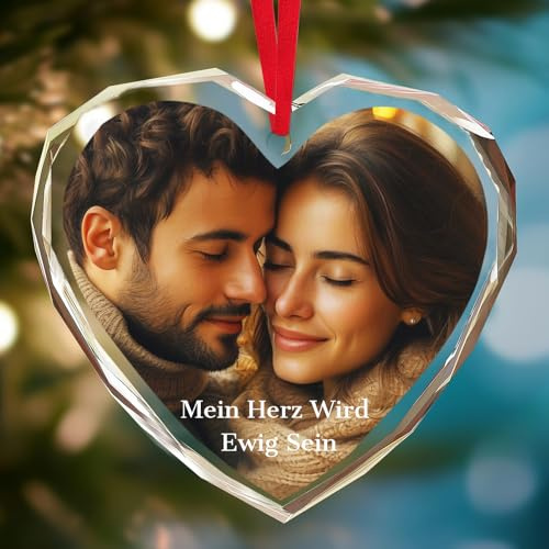 Personalisierte Weihnachtskugeln mit Foto & Name, Herz Kristallglas Christbaumkugel Personalisiert für Hochzeit Geschenk