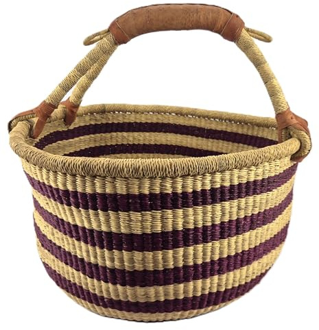 Stor Rund Bolga-Korg ca. Ø 40 x 40 cm – Handgjord i Ghana – Fairtrade – Kundkorg med Läderhandtag – Mörkröd och Naturliga Ränder
