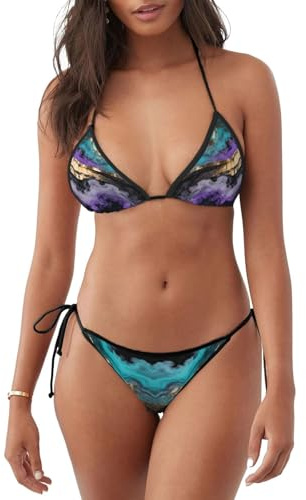 Dam sexig halterneck bikini halterbaddräkt v-ringad låg midja baddräkter S-2XL, Guld blågrön svart, XXL