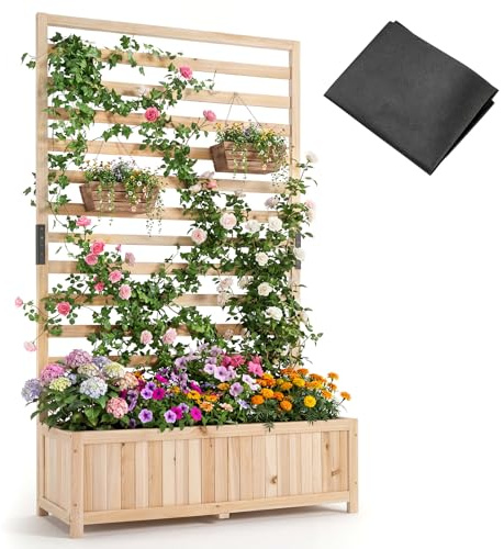 RELAX4LIFE - Jardinera elevada con celosía, maceta exterior de madera con base de listones extraíble, forro incluido, bandeja de flores con celosía para plantas trepadoras y verduras (natural)