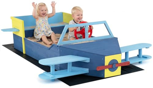 COSTWAY Wooden Kids Sandpit, Glider-Shape Sand Box with Bench Seat, Propeller, Rotatable Rudder, Side Wings & Bottom Liner, Outdoor Sandbox for Backyard, Lawn, Beach