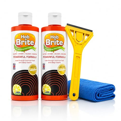 Hob Brite Cleaner 300ml Twin Pack with Heavy Duty Glass Scraper & Microfiber Cloth – Ceramic, Induction & Halogen Cooktop Stain Remover – Lemon Sherbet Scented Kitchen Cleaning Kit