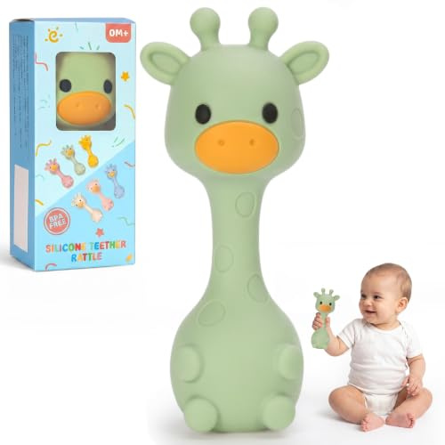 Joyvity Jirafa Sonajero y Mordedor de Silicona, Sonajeros bebes 6-12 meses, Mordedores bebes, Fácil de agarrar, Juguetes Bebes 0 3 6 12 Meses Regalos para Bebe Recien Nacidos Niños Niñas (Verde)