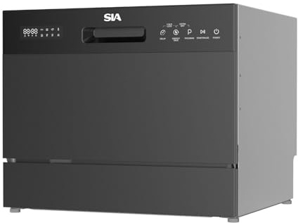 SIA TTD6BL Black Table Top Mini Dishwasher, 8 Programs, 6 Place Settings, Touch Control, Ideal for Kitchen Counter Top, Caravans, Mobile Homes, 2 Years Parts and Labour Guarantee