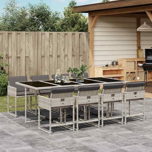 ACAGALA Rattan Gartenmöbel Set 8 Personen, Essgruppe mit Stuhl und Esstisch mit Glasplatte, Kissen, Sitzgruppe Sitzgarnitur Set für Garten Terrasse Balkon, Hellgrau