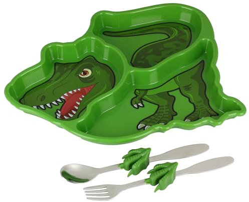 Funwares Engaging Green T-Rex Dinosaur Themed Kids' Dinnerware Set: Durable, Divided Plate, Ideal for Picky Eaters, Educational Mealtime, Easy Cleaning, Gift for Toddlers