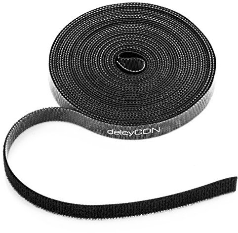 deleyCON 5m Klett Kabelbinder Klettband Klettbandrolle 10mm Breit Kabelmanagement Kabelorganizer Klettkabelbinder Klettverschluss zuschneidbar Schwarz