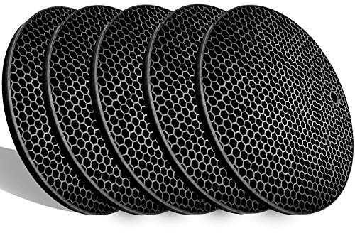 LogHog 5 Pcs Extra Thick Silicone Pot Coaster Trivet Mats,Heatproof Pot Holder/Hot Pads,Non Slip Durable Flexible Table Mats Round Honeycomb Multipurpose Kitchen Heat Resistant Mat (Black)
