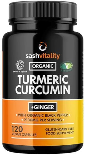 Sash Vitality Organic 2130mg Turmeric Curcumin with Black Pepper & Ginger | 120 Vegan Turmeric Capsules High Strength | Supports Joints | Immune System Support | Soil Association Certified Organic UK