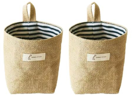Monba 2PC Small Cotton Linen Peg Bag with Hanger - Durable Hanging Clothespin Bag Peg Basket for Pegs with Hanger