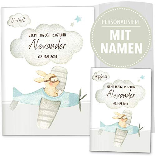 OLGS U-Heft und Impfpass Hüllen 3-teiliges Set Wolken Flugzeug | Untersuchungsheft Hülle & Impfpasshülle personalisierbar mit Namen (U-Heft Set 3-teilig personalisiert, Hase Flugzeug)