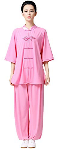 Damen Tai-Chi Uniform Anzug - Chinesische Kampfkunst Taiji Wushu Kung Fu Wing Chun Qigong Shaolin Training Kleidung Mittlere Ärmel Blumenknöpfe Gerade Öffnung Set für Frauen (Rosa, L)
