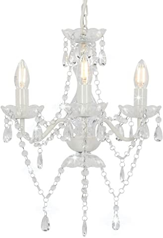 vidaXL Kronleuchter mit Perlen Deckenleuchte Lüster Kristall Lampe Leuchte Wohnzimmer Hängeleuchte Hängelampe Pendelleuchte Deckenlampe Weiß Rund 3xE14