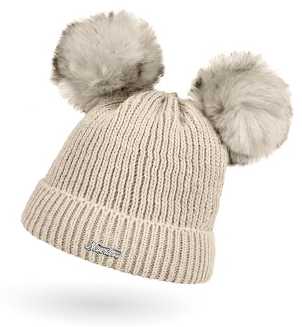 Neverless® Kinder Mädchen Strickmütze Zwei Bommel Kunstfell Doppelbommel Bommelmütze Wintermütze Pudelmütze Rippstrick