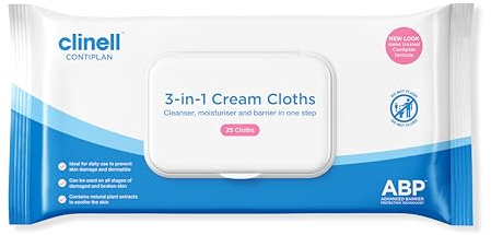 Clinell CONTIPLAN Incontinence Cleansing Cloths with Barrier Cream - Pack of 24 - 25 Cloths per Pack (600 Cloths) - All in One Cleansing Wipes Cleanses, Soothes and Moisturises